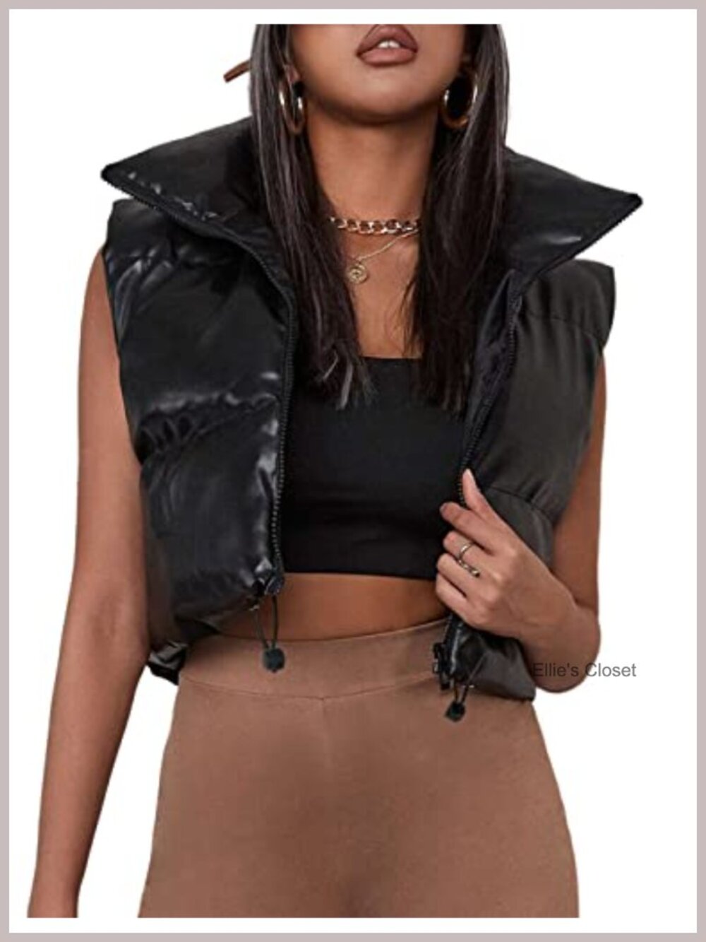PU Leather Cropped Puffer Vest, Faux Leather Zip Up Sleeveless Jacket, Winter